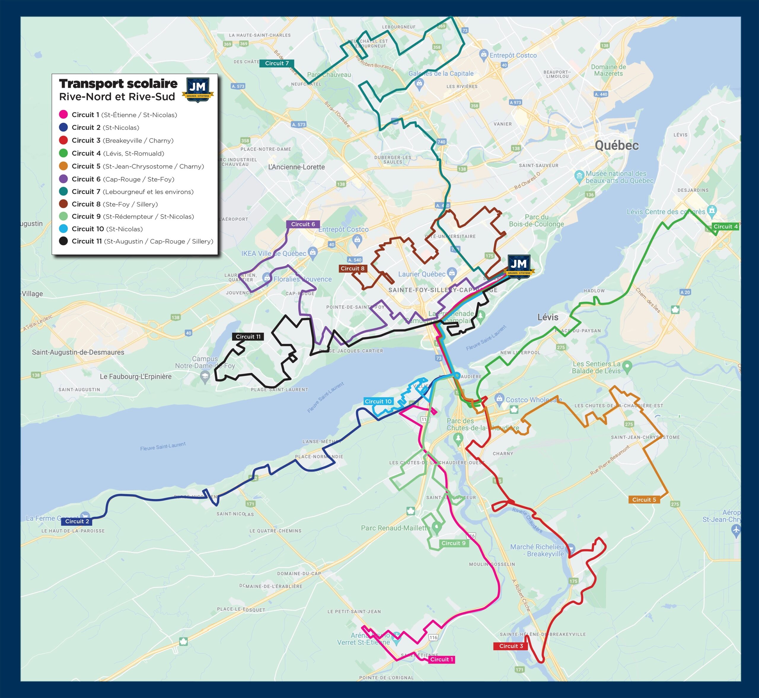 Aussi, les autobus effectuent les trajets suivants :

St-Étienne / St-Nicolas
St-Nicolas
Breakeyville / Charny
Lévis, St-Romuald
St-Jean-Chrysostome / Charny
Cap-Rouge / Ste-Foy
Lebourgneuf et les environs
Ste-Foy / Sillery
St-Rédempteur / St-Nicolas
St-Augustin / Cap-Rouge / Sillery